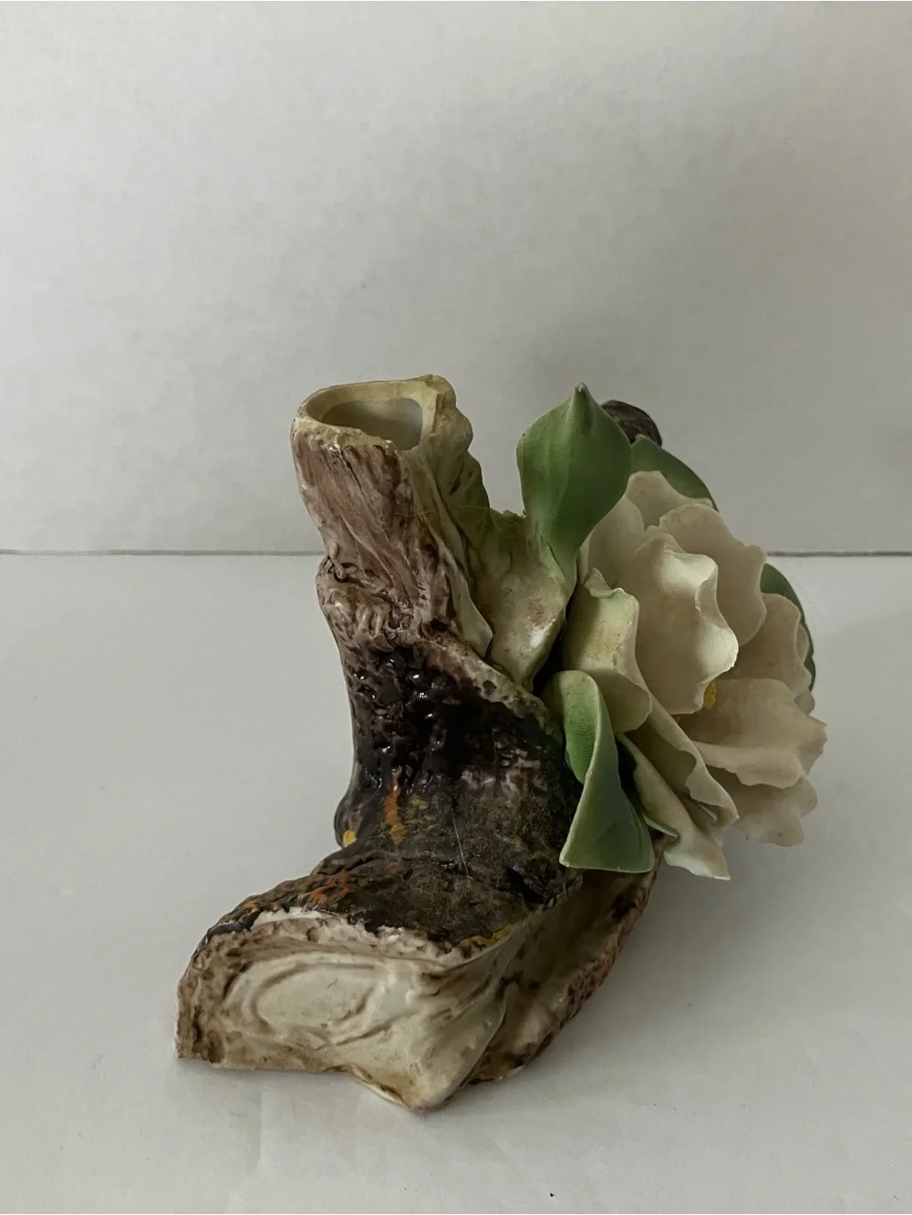 Porcelain White Flower Accent Vase with Green Leaves